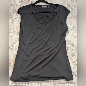 Women's Black Blouse with Lattice Detail